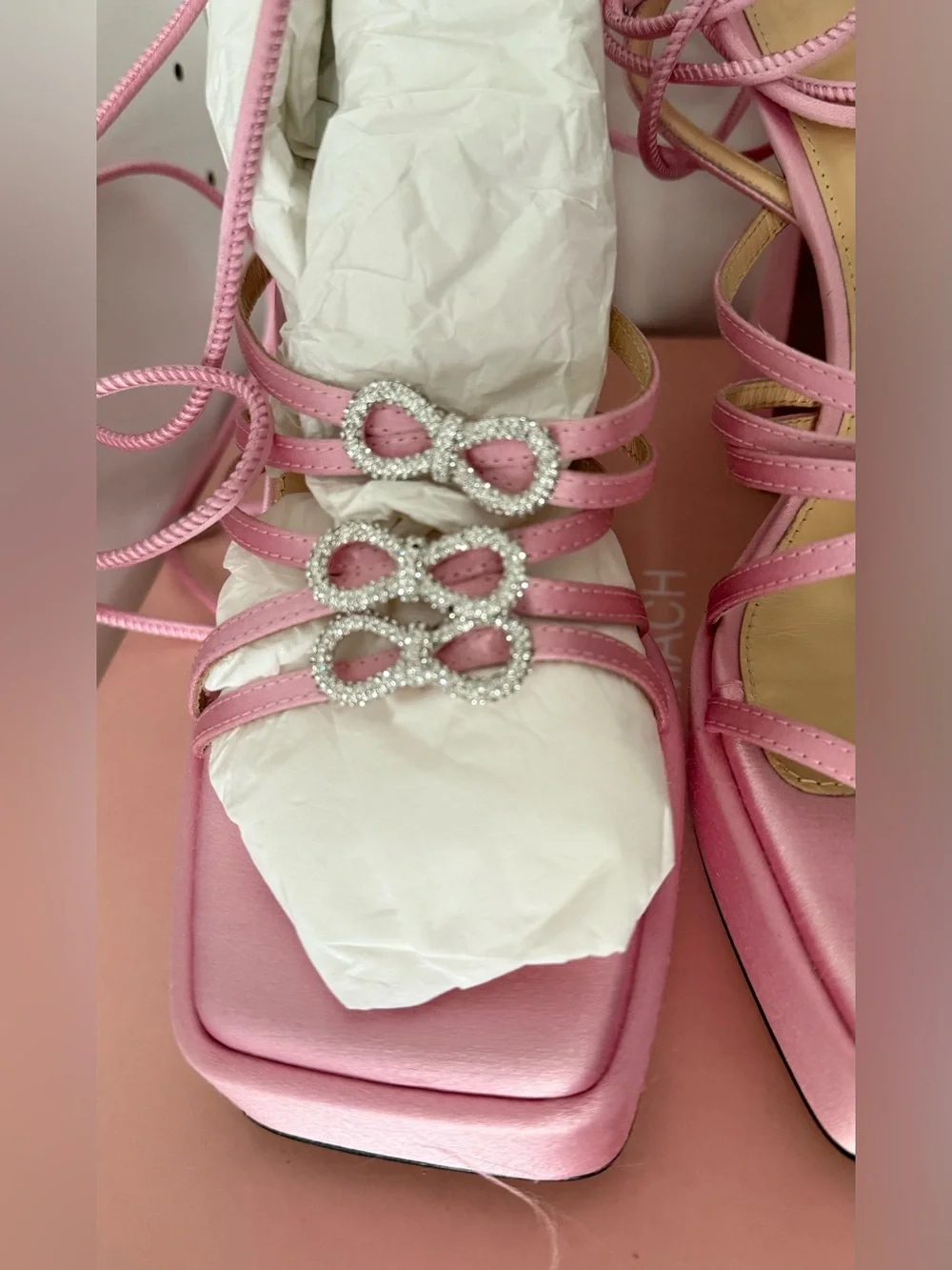 Mach & Mach Pink Satin Double Bow Crystal Embellished Platform Sandals size 38